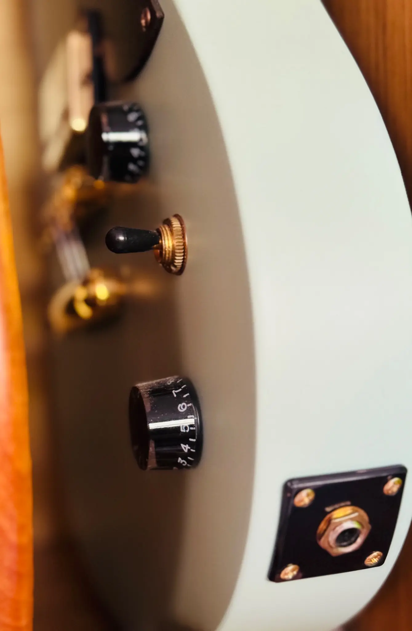 Macro photograph of a guitar switch, controls and output jack